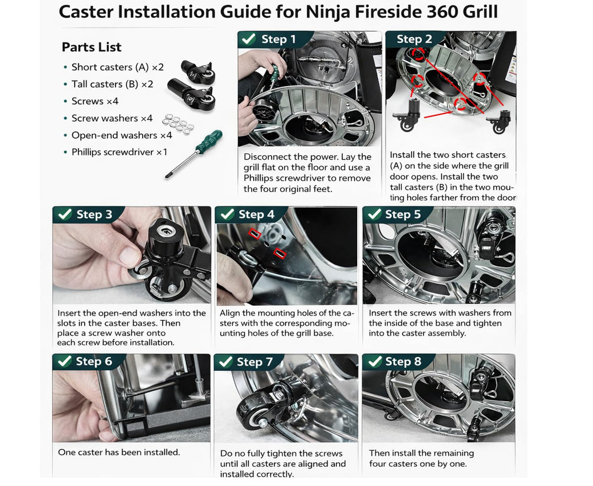 Grilltonic Wheel Kit for Ninja Fireside360 facilitates simple installation.