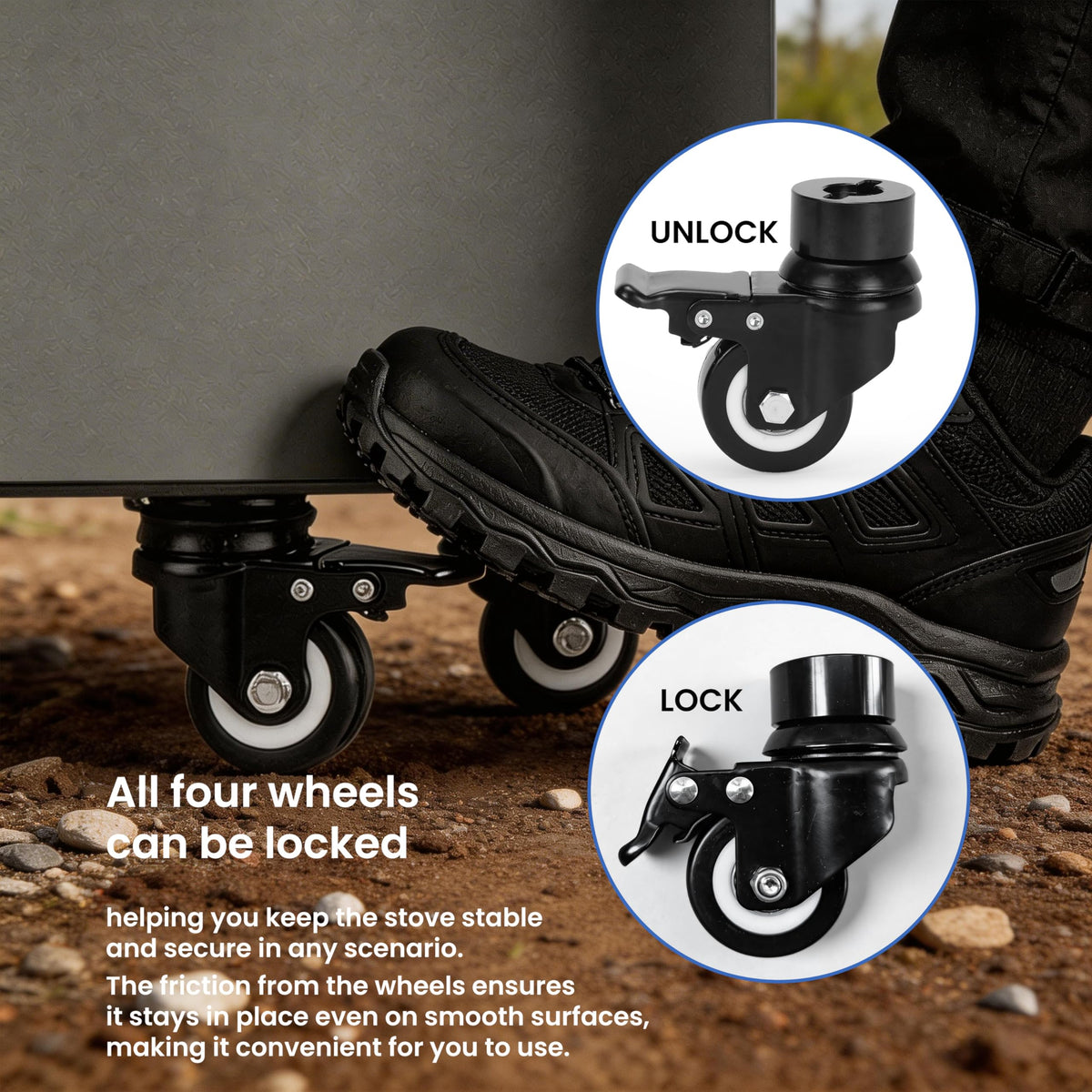 Grilltonic Wheel Kit for Ninja Fireside360 with locking brakes on level surfaces.