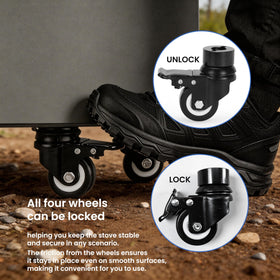 Grilltonic Wheel Kit for Ninja Fireside360 with locking brakes on level surfaces.