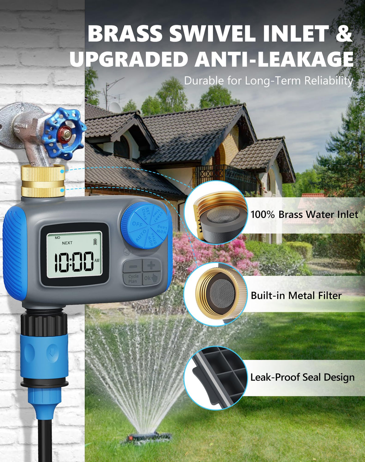 Grillum digital irrigation system LCD display showing easy-to-program settings.