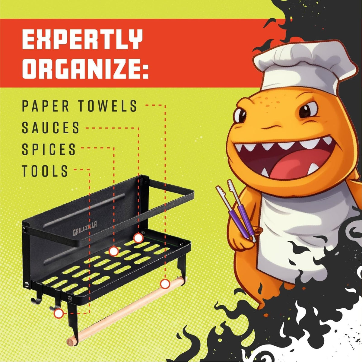 Grillzilla foldable storage design shown for compact spice and utensil storage.