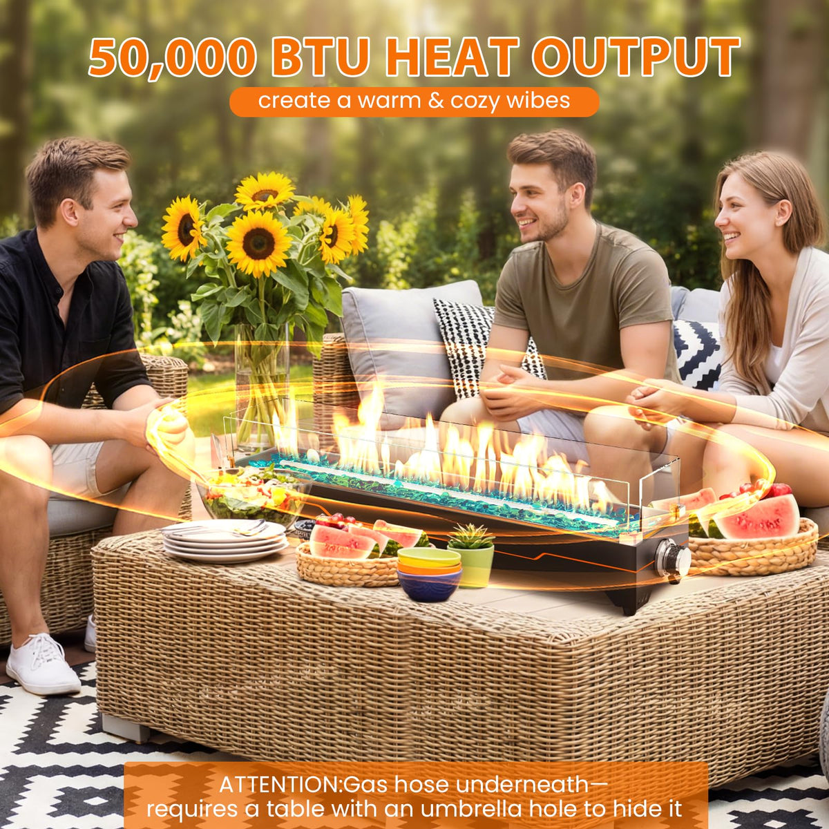 GRISUN 50,000 BTU flame delivering quick warmth outdoors