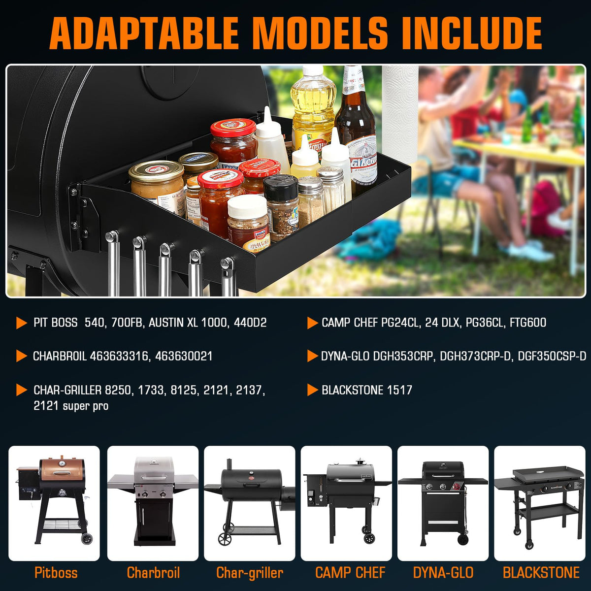 GRISUN adjustable side shelf beside Camp Chef PG24CL creates organized prep space.