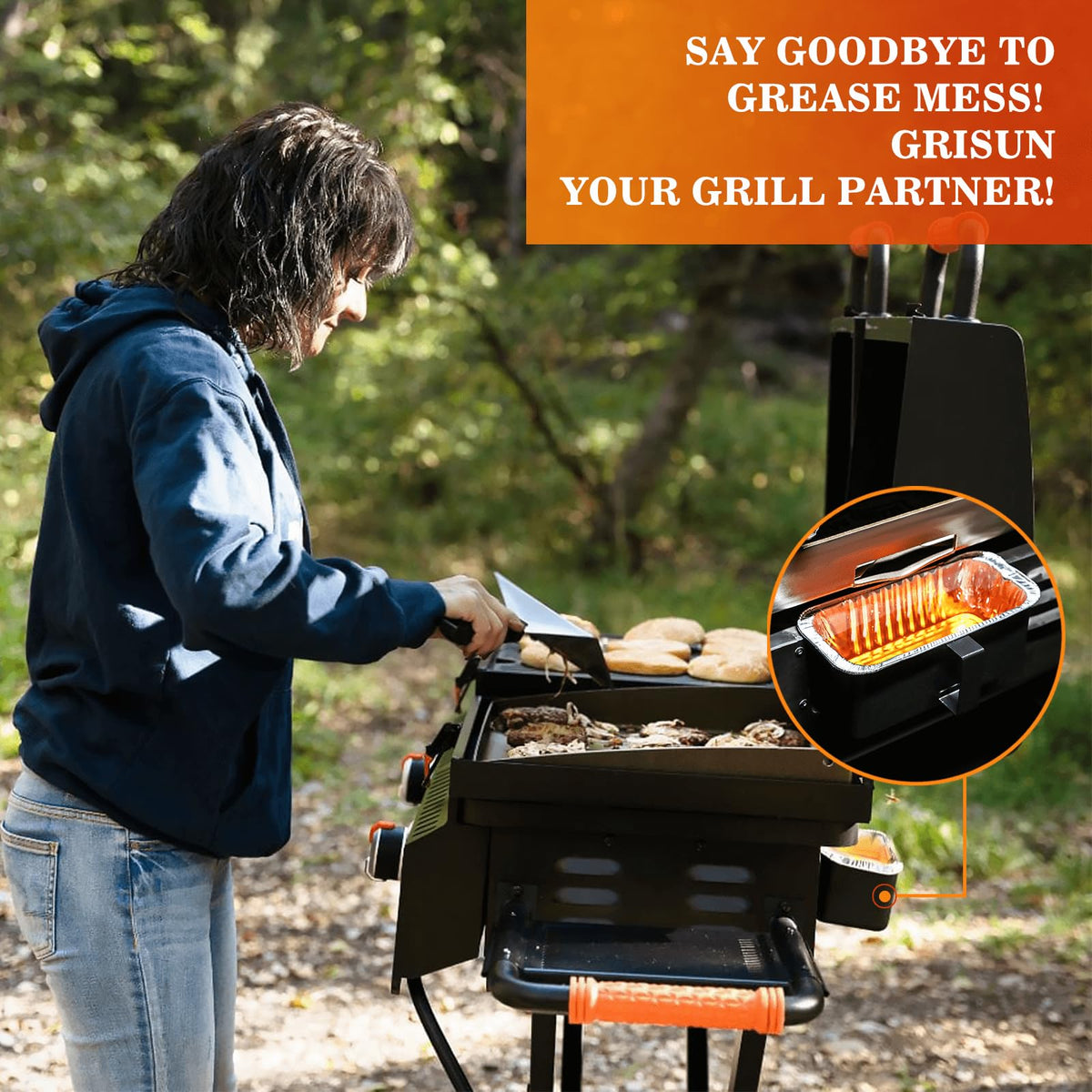 GRISUN clean grilling setup highlighting easier cleanup and reduced mess.