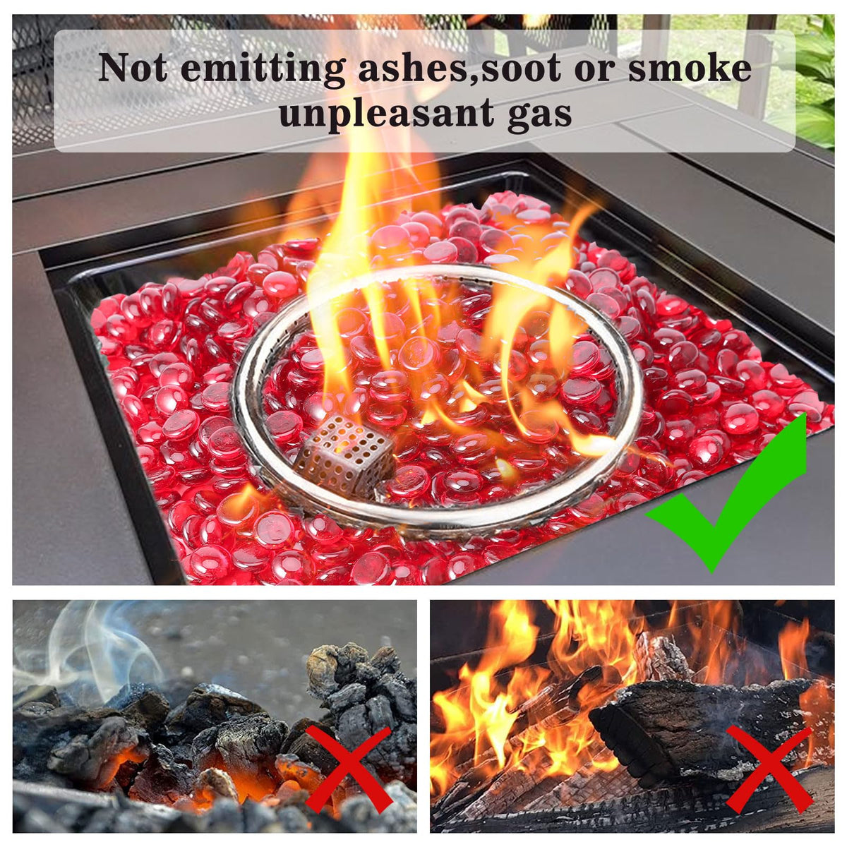 GRISUN fire glass beads sparkle with vivid flames for redesigned fire pits and outdoor tables.