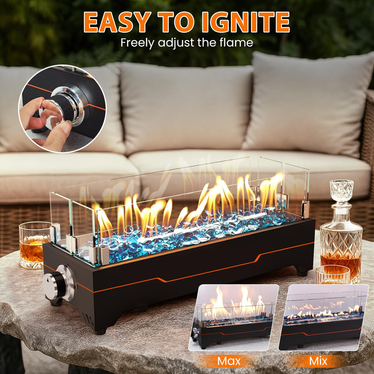GRISUN fire pit shown with decorative glass beads reflecting flame glow.