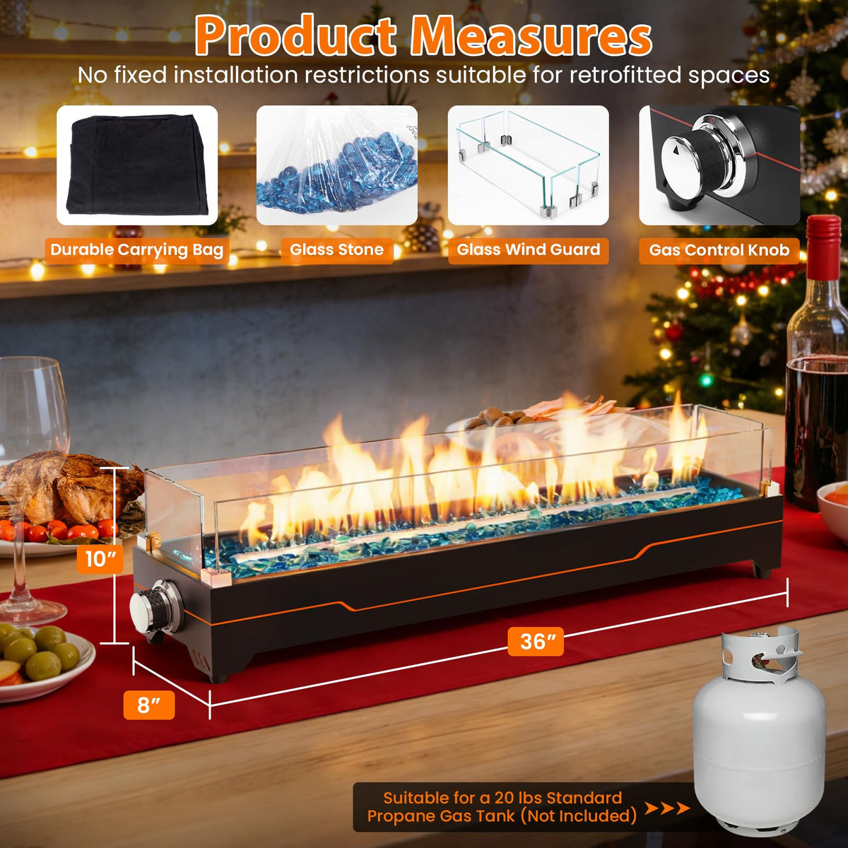 GRISUN glass wind guards and reflective beads enhance flame ambiance