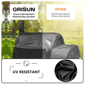 Grisun grill cover includes secure straps to prevent wind-blown displacement.