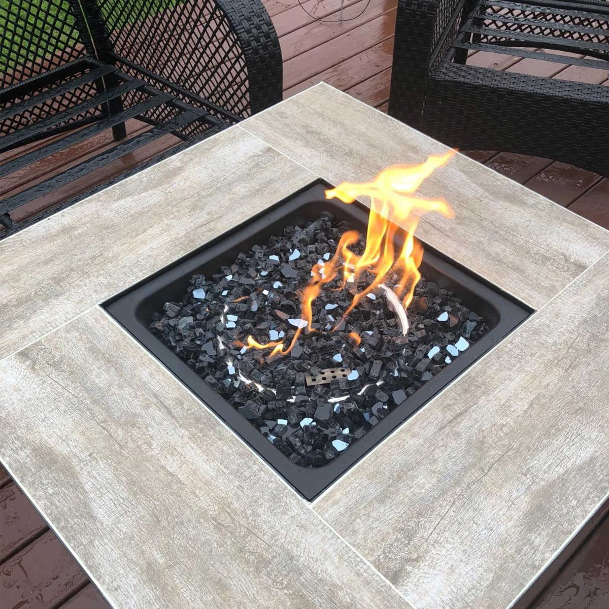 GRISUN Onyx Black Fire Glass fire table display adds modern elegance