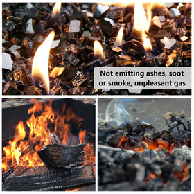 GRISUN Onyx Black Fire Glass outdoor firepit scene with glow