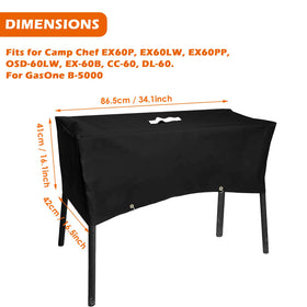 Grisun 600D fabric close-up shows fade-resistant protection for Camp Chef stove.