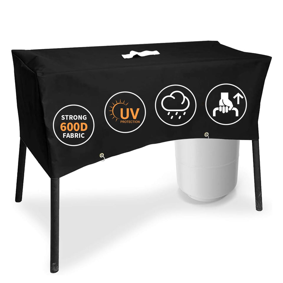 Grisun patio stove cover protecting Camp Chef 2-burner from rain and sun.