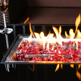 GRISUN Red Fire Glass fire-pit setup for indoor and outdoor use.