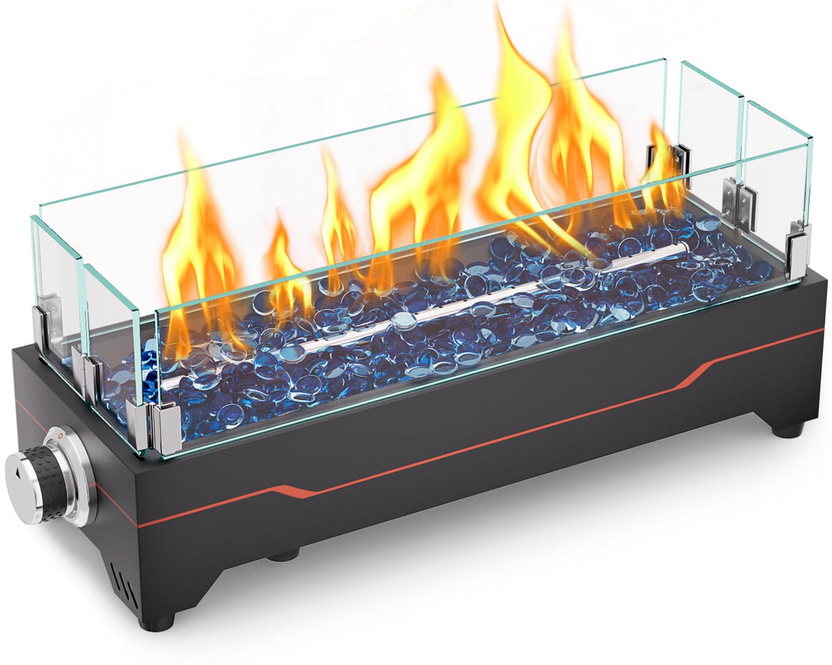 GRISUN tabletop fire pit 20-inch with glass wind guard for cozy outdoor ambience.