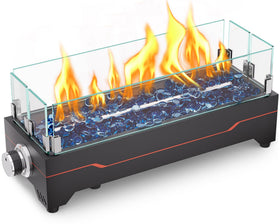 GRISUN tabletop fire pit 20-inch with glass wind guard for cozy outdoor ambience.