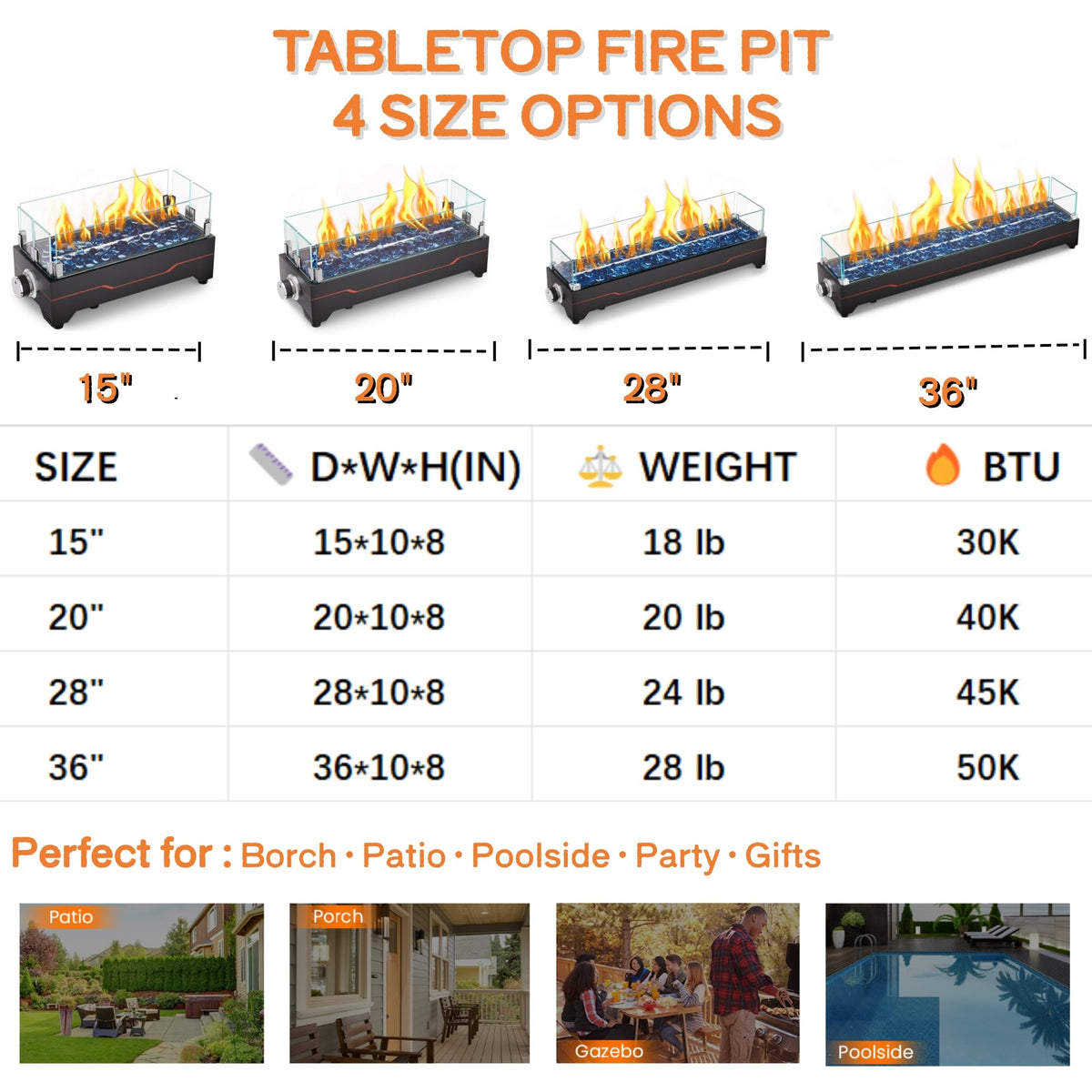 GRISUN 36-inch tabletop fire pit in a dining setup, perfect for alfresco dinners.