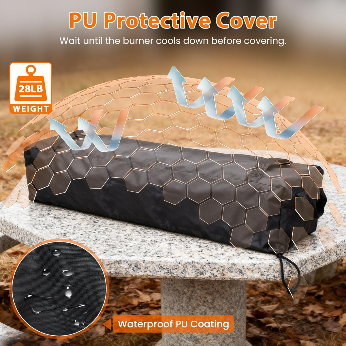 GRISUN waterproof cover protecting the fire pit from rain.