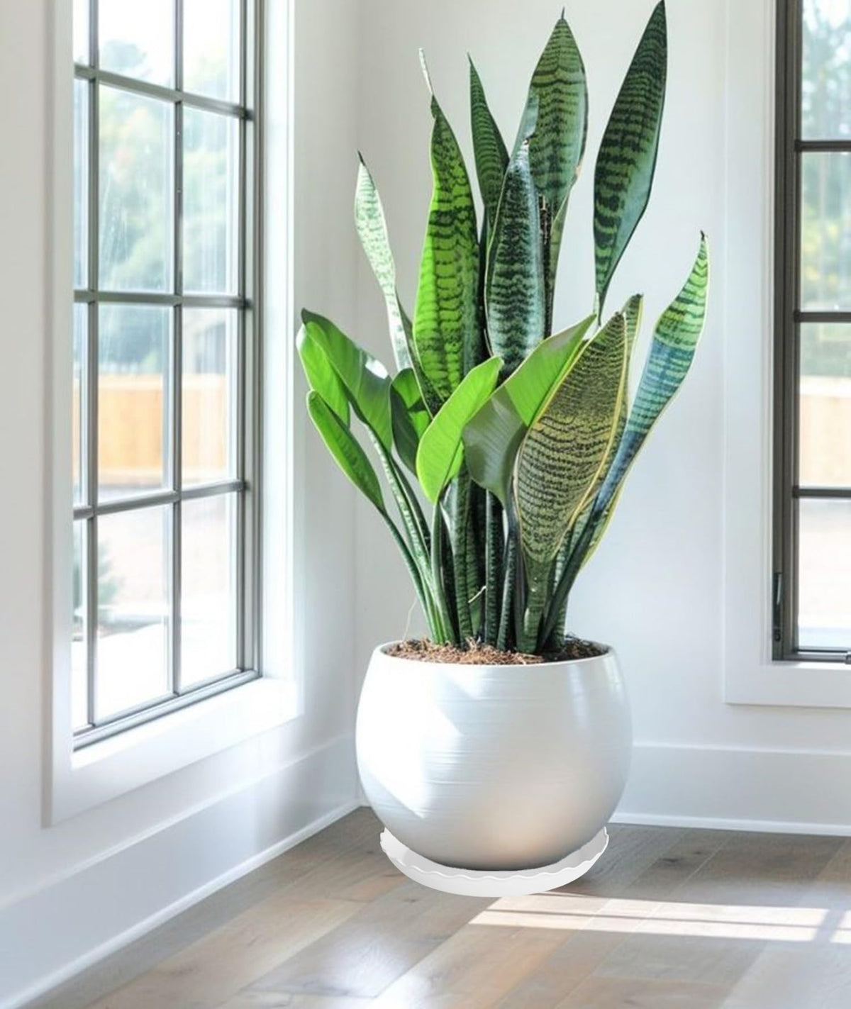 Grjoprt 14-inch white plant saucer complements decor while preventing spills.