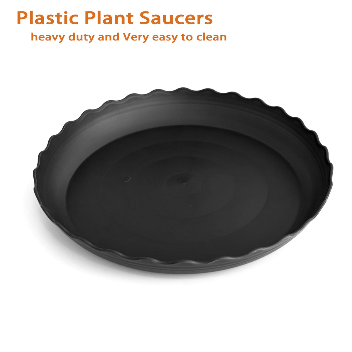Grjoprt six-pack black saucers for organized gardening setups.