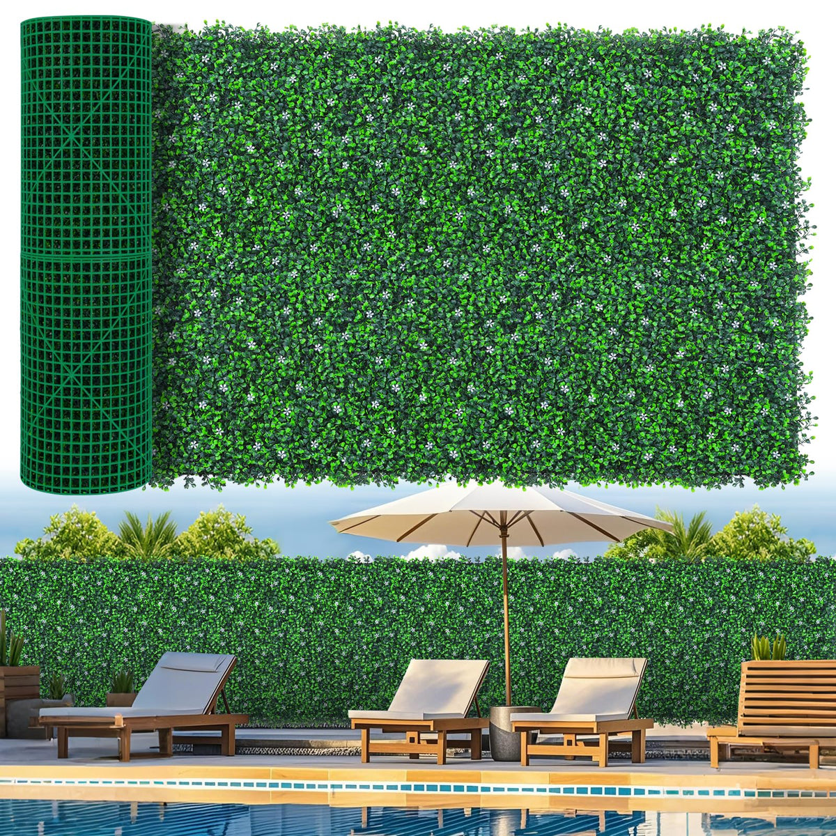 Grooy boxwood roll panel with flowers provides dense outdoor privacy.