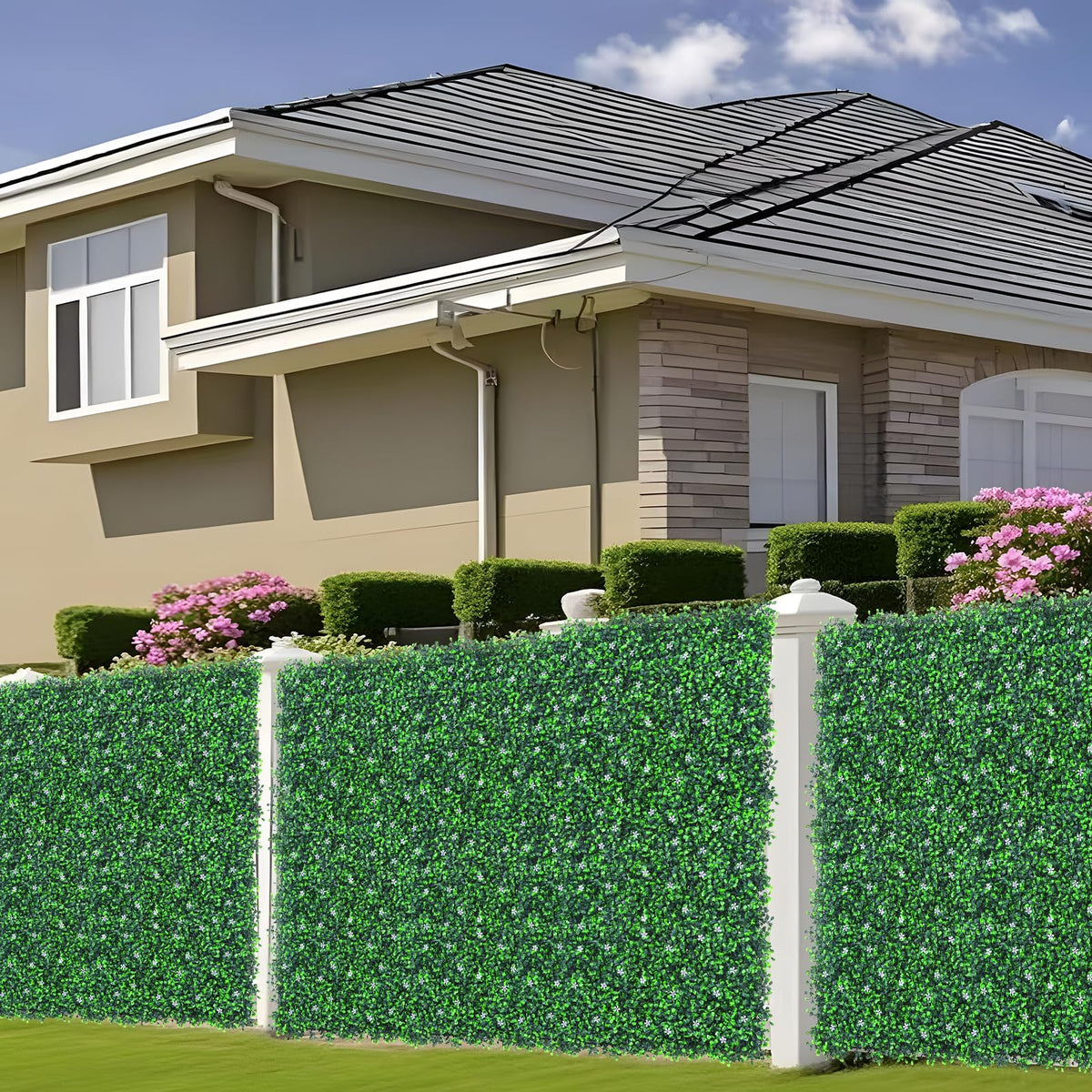 Grooy boxwood roll panel with flowers installs easily straight from the box.