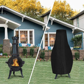 Groumh outdoor chiminea cover side view easy on/off and secure fit.