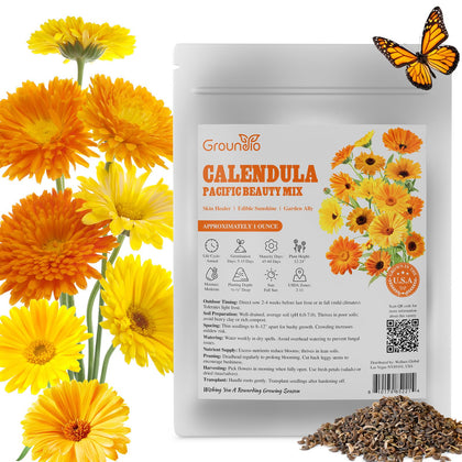 Groundio Calendula Pacific Beauty Mix seeds in a resealable bag for easy planting.