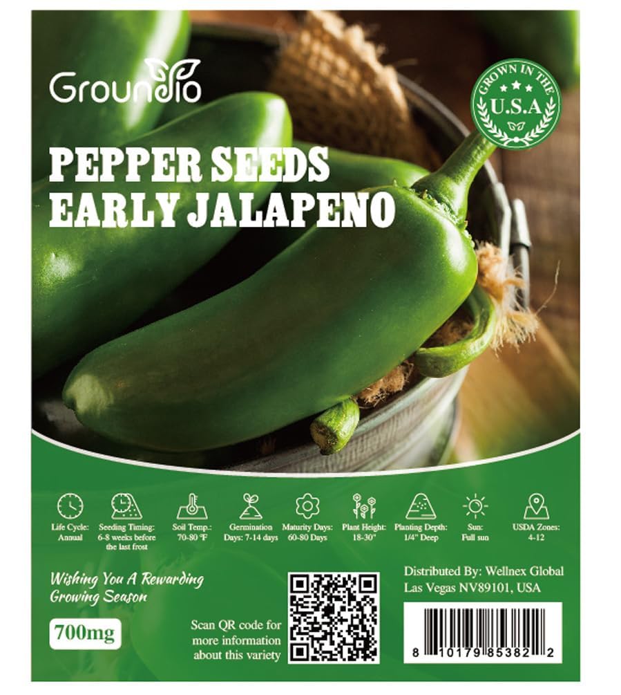 Groundio jalapeno seeds packaging highlights easy gardening and high germination potential