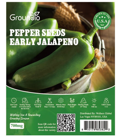 Groundio jalapeno seeds packaging highlights easy gardening and high germination potential