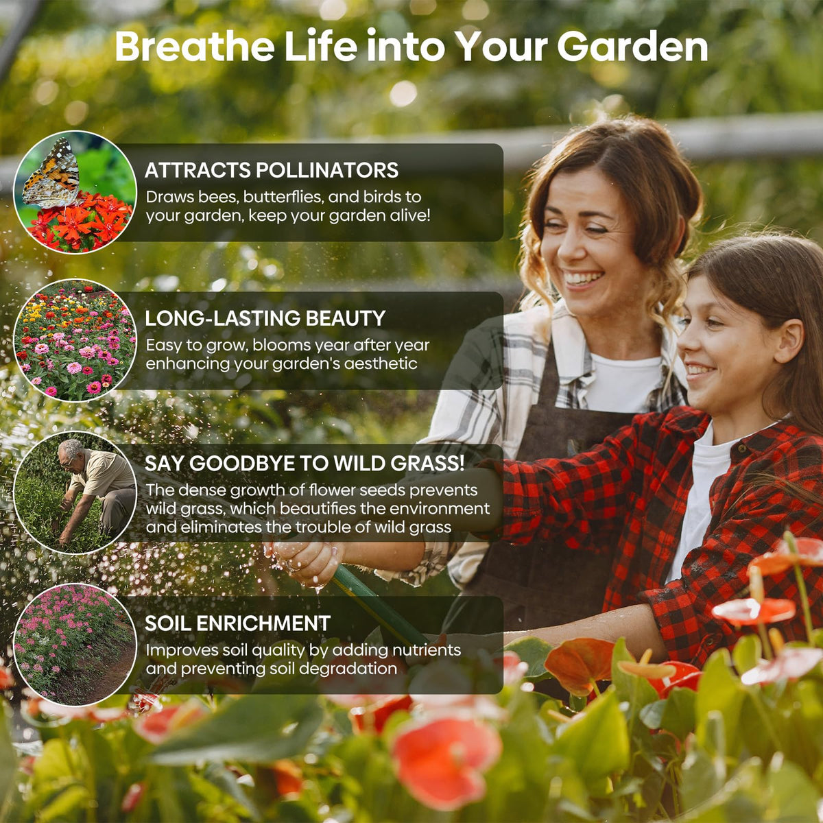 Groundio pollinator garden butterflies, vivid floral textures attracting fluttering visitors.