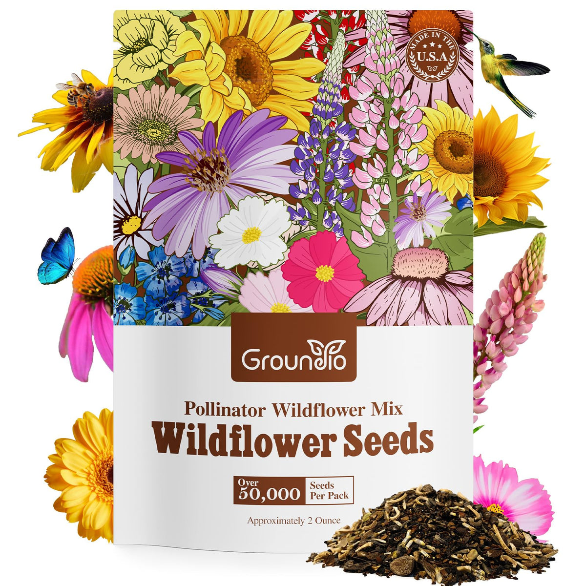 Groundio wildflower seeds 50k seeds, dense mix for colorful garden coverage and quick pollinator appeal.