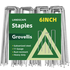 Grovellis 6-inch galvanized landscape staple closeup for barrier fabric