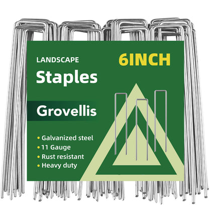 Grovellis 6-inch galvanized landscape staple closeup for barrier fabric