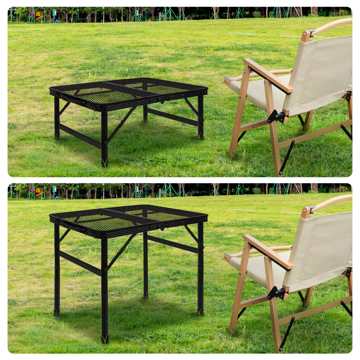 Grovind portable camping table folded compactly for easy storage and transport.