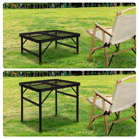 Grovind portable camping table folded compactly for easy storage and transport.