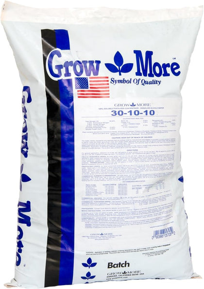 Grow More 30-10-10 bag close-up for spring nourishment for thriving plants.