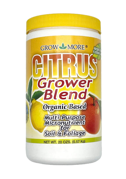 Grow More Citrus Grower Blend bottle close-up for easy feeding of citrus plants.