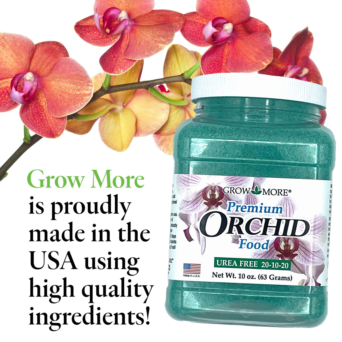 Grow More orchid fertilizer closeup highlighting vibrant blooms.