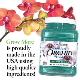 Grow More orchid fertilizer closeup highlighting vibrant blooms.