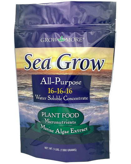 Grow More Sea Grow Kelp Fertilizer bottle-label for indoor and outdoor use