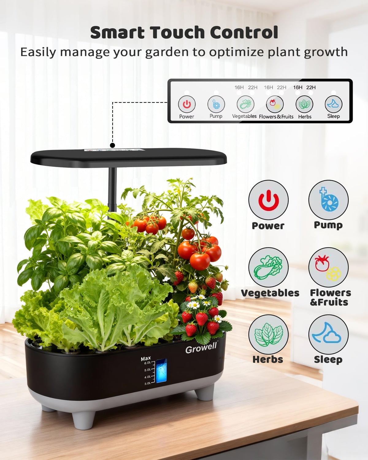 Growell hydroponics 8L tank with visible window for monitoring.