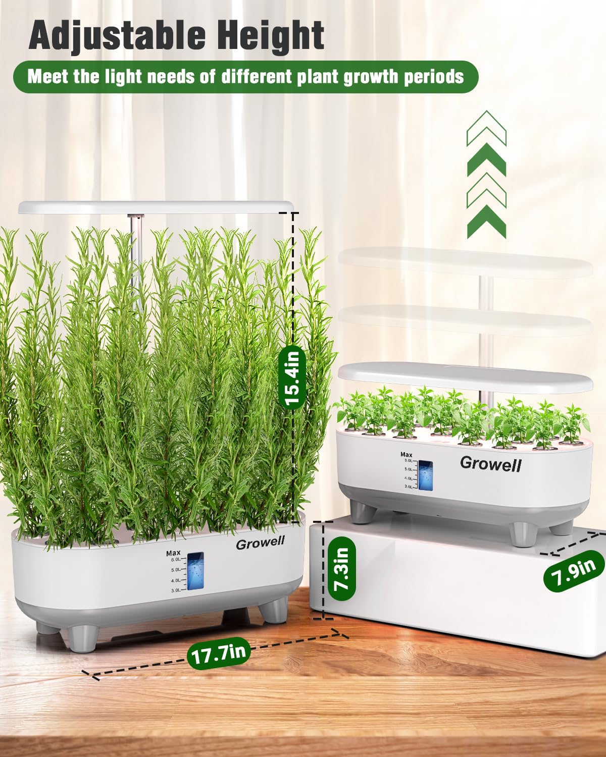 Growell hydroponics control-panel with three light modes and auto timer for easy setup.