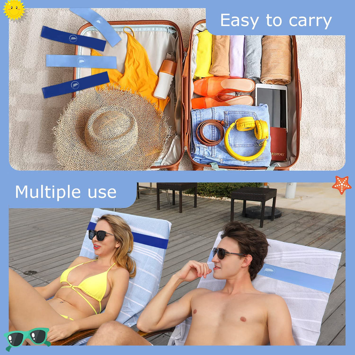 Growell blue-new towel bands in use on a lounge chair outdoors.