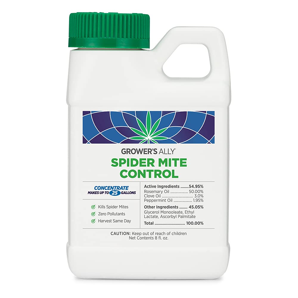 Grower’s Ally Spider Mite Control concentrate bottle showing label and OMRI listing.