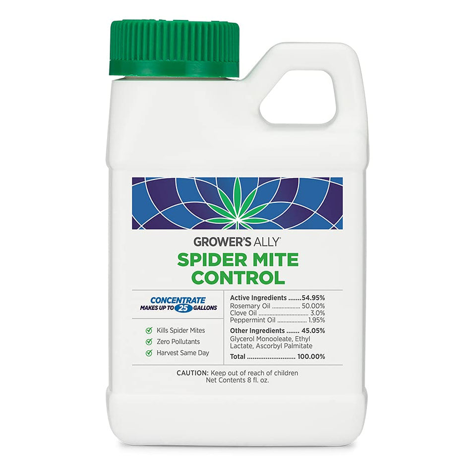Grower’s Ally Spider Mite Control concentrate bottle showing label and OMRI listing.