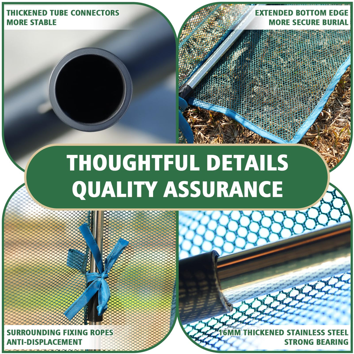 GrowNett crop cage rain-permeable mesh lets rainfall through.