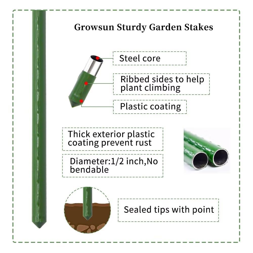 Growsun plastic-coated tomato stake close-up shows rust protection for durable garden use.