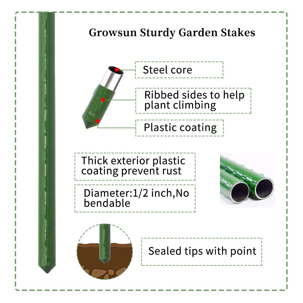 Growsun steel-core stake with plastic coating resists rust and weather.