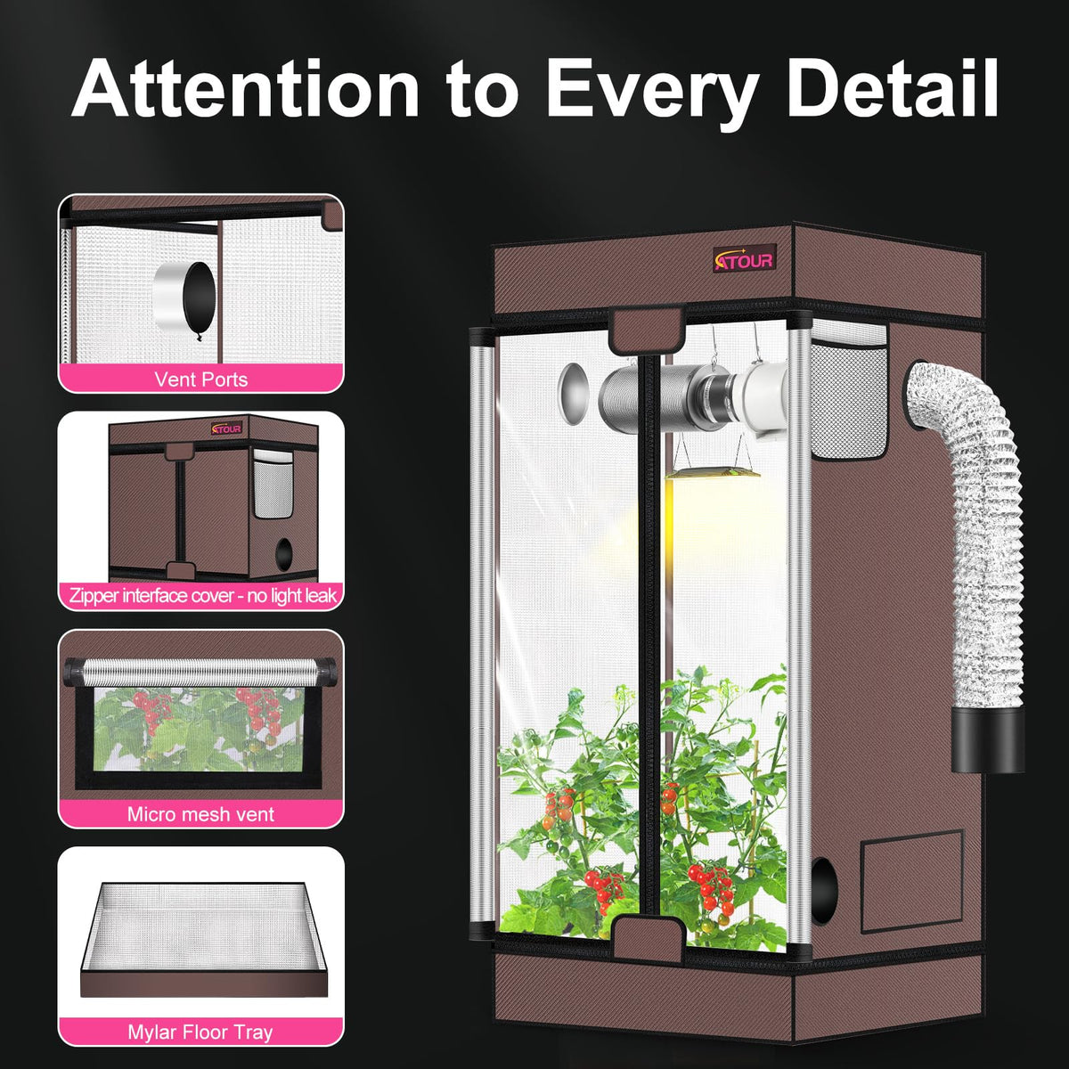 Growtent Garden ATOUR small sturdy metal frame provides stable support for equipment