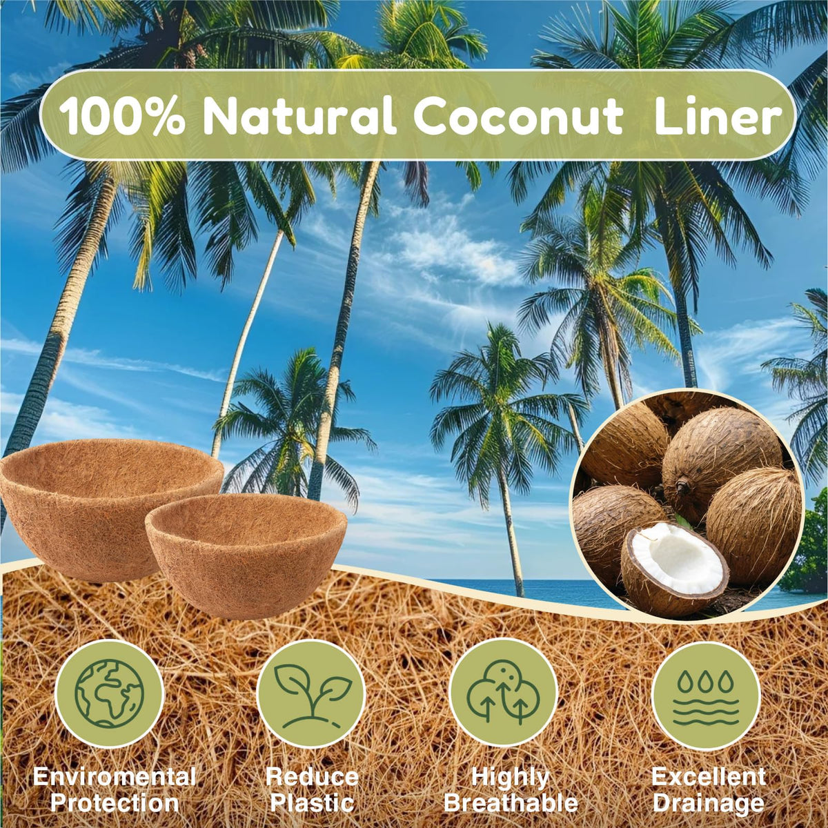 Growvy breathable coconut fiber liner delivers drainage and moisture retention.